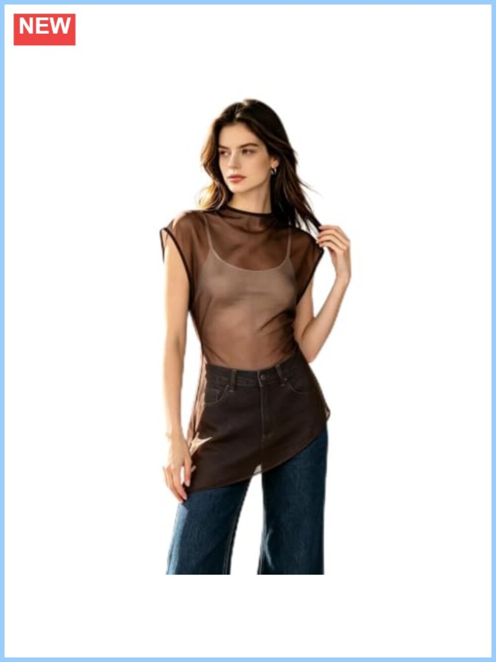 Organza Mock Neck Semi-Sheer Sleeveless Blouse Party Top